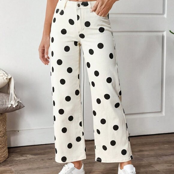Khaki Casual Women's Color-Block Polka Dot Print Straight Leg Jeans - Picture 3 of 7
